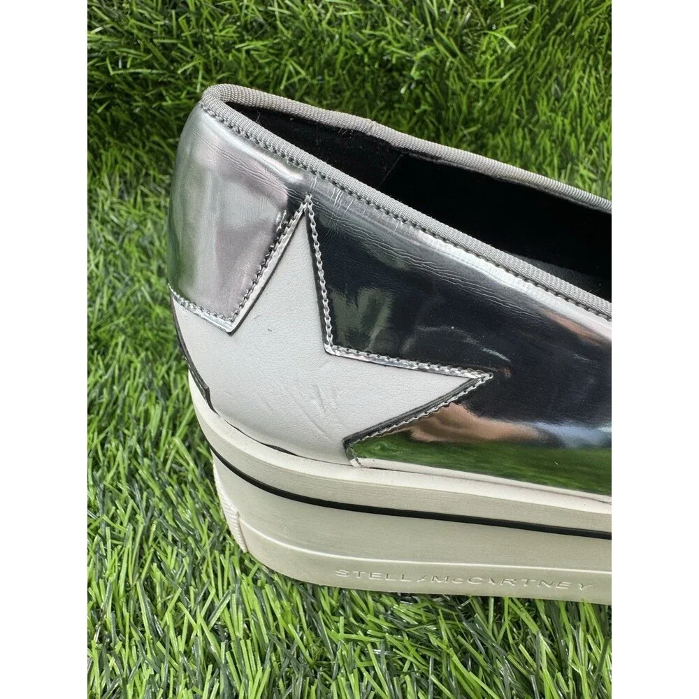 STELLA MCCARTNEY Silver Metallic Faux Leather Binx Star Platform Slip On Shoes 7